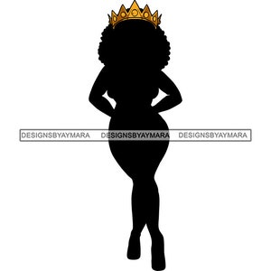 African American Woman Silhouette Queen Gold Crown Royalty Curvy Black Girl Magic Afro Hairstyle SVG PNG JPG Vector Cutting Designs Print