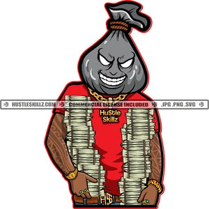 Gangster Money Bag Man Head Dollar Stacks Cash Evil Smile No Eyes Grind Hustler Hustle Skillz SVG PNG JPG Vector Cutting Cricut Silhouette