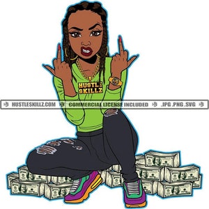 Afro Mean Lola Middle Finger Money Stacks Hustler Grind Woman Ghetto Girl Dope Hustle Skillz SVG PNG JPG Vector Cutting Cricut Silhouette