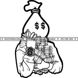 Borsa di denaro Dollar Sign Eyes Holding Stacks Cash Money Dollar Bills Two Watches Hustle Skillz SVG PNG JPG Vector Cutting Cricut Silhouette