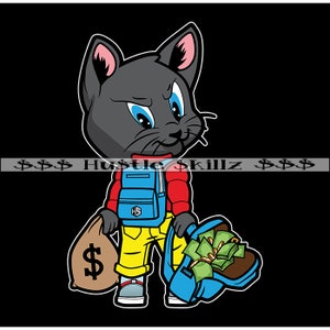 Cat Man Carrying Backpack Full With Money Bag Looking Back Cash Hustler Grind Hustle Skillz SVG PNG JPG Vector Cut Cutting Cricut Silhouette