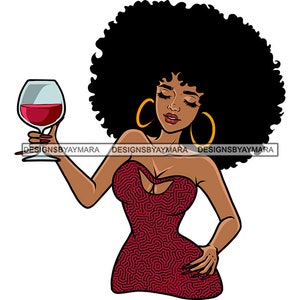 African American Woman Wine Glass Alcohol Beverage Relax Afro Kinky Hair Melanin Sexy Red Dress SVG PNG JPG Vector Cut Cutting Designs Print