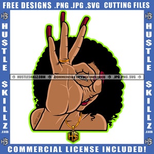 Black Woman Afro Big Hand Ok Sign Signal Long Fingernails Necklace Graphic Queen Hustle Skillz SVG PNG  JPG Vector Cut Cricut Silhouette