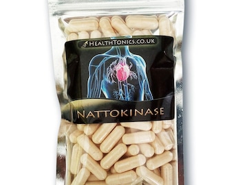 May include: A clear, resealable plastic pouch filled with beige capsules. The label features the text "HEALTHTONICS.CO.UK" and "NATTOKINASE" above and below a blue graphic illustration of a human heart and circulatory system.