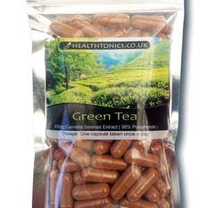 May include: A silver resealable bag containing brown capsules labelled "Green Tea 400mg Camellia Sinensis Extract (98% Polyphenols) Dosage: One capsule taken once a day."