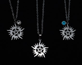 Collares "SPN PENTAGRAM" acero inoxidable piedra pentagrama colorido azul plata negro estrella protección sigilo 45 cm Navidad regalo de fe sobrenatural