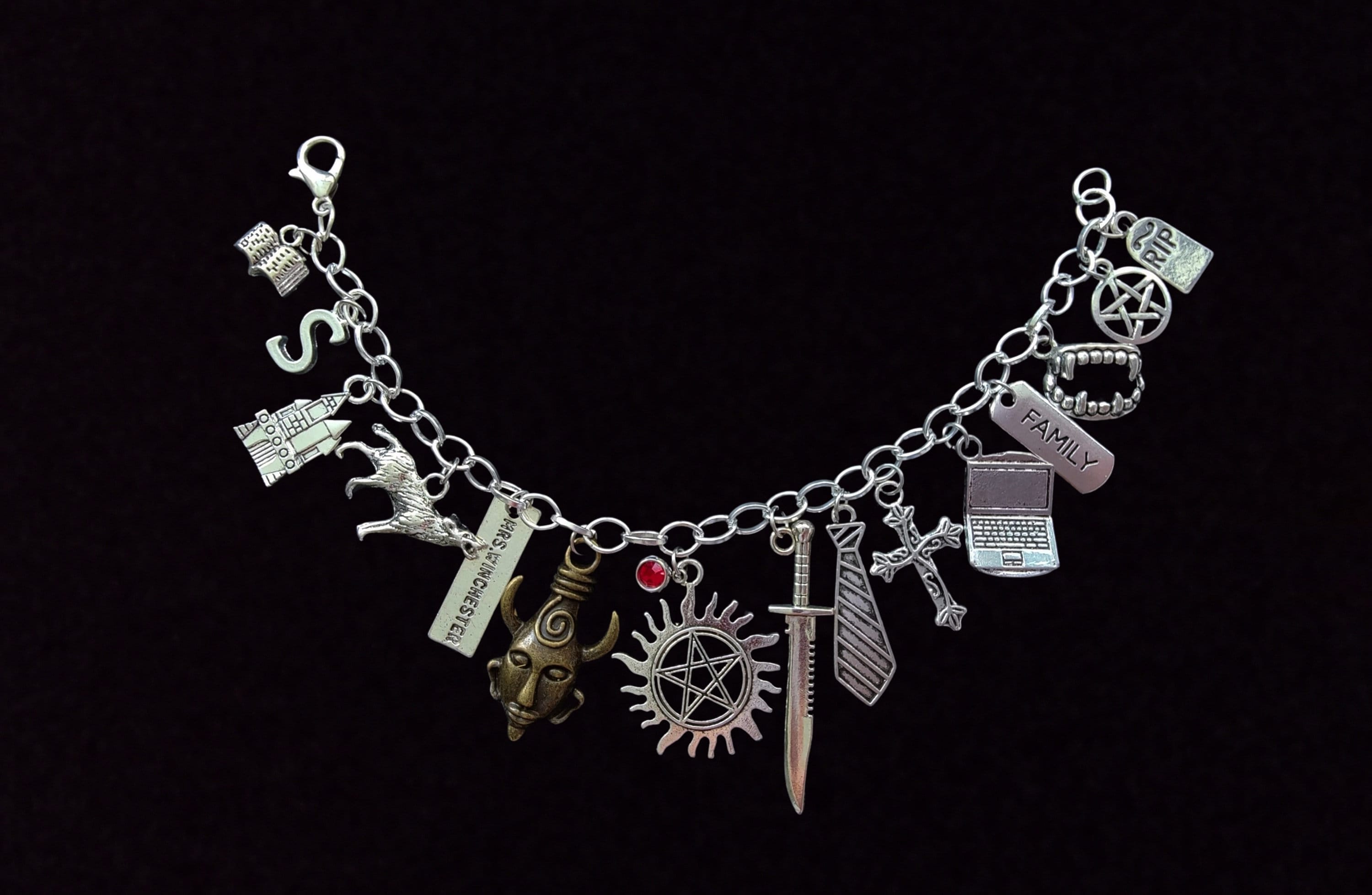 Bracelet "SAM" inspired by the series Supernatural charm bracelet SPN new diy handmade silver charm Sam Winchester pearl turquoise blue