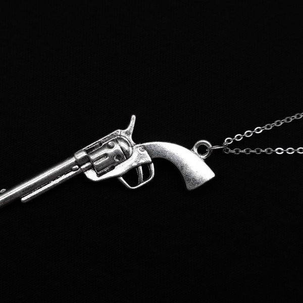 Kette "SAMUEL'S COLT" Edelstahl SPN groß Supernatural Revolver schwarz Halskette 45 cm Dean Winchester Cowboy Cowgirl silberfarben diy Charm