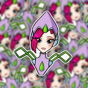 May include: A sticker featuring a cartoon character with pink hair, blue eyes, and a purple outfit. The character has a pointed hat and green accents. The background shows a pattern of similar character images.