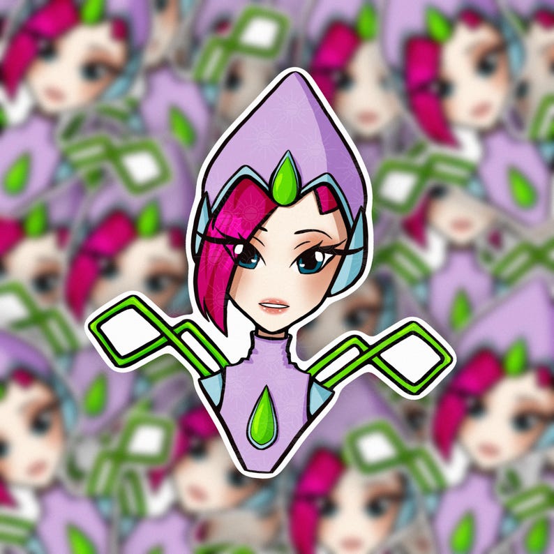May include: A sticker featuring a cartoon character with pink hair, blue eyes, and a purple outfit. The character has a pointed hat and green accents. The background shows a pattern of similar character images.