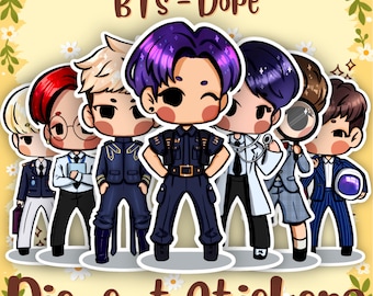 Paquete de 7 pegatinas de vinilo BTS DOPE Era Chibi, brillantes y holográficas.
