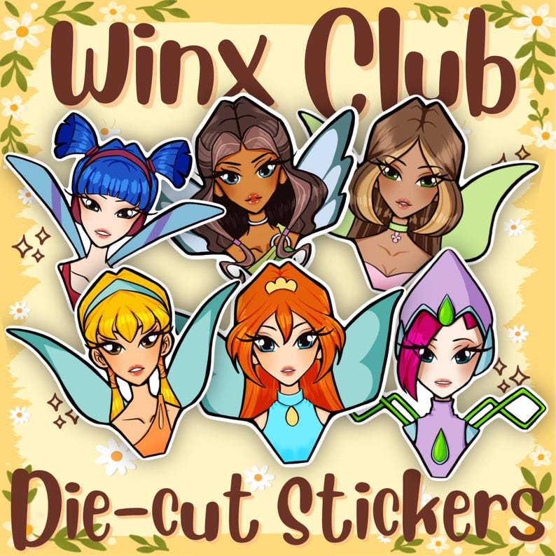 May include: A collection of die-cut stickers featuring six different fairy characters from the Winx Club series. Each character has unique hair and wing designs, with the text "Winx Club" and "Die-cut Stickers" displayed.