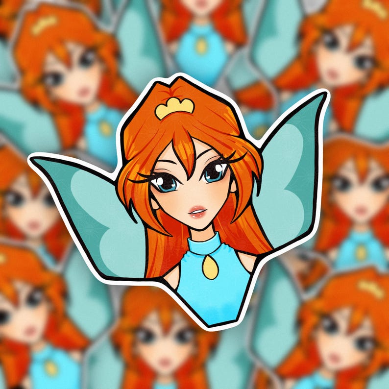 May include: A sticker featuring a cartoon illustration of a fairy with orange hair, blue eyes, and a blue outfit. The fairy has light blue wings and a small gold crown. The sticker is white-bordered and set against a background of similar, blurred stickers.