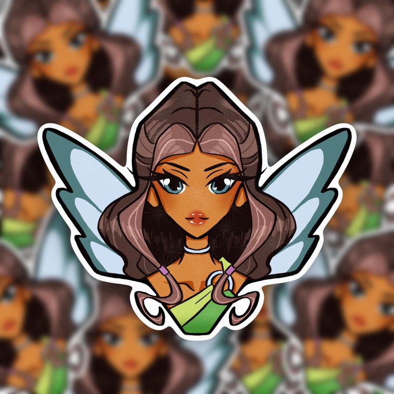 May include: A sticker featuring a cartoon fairy with brown hair, blue eyes, and light blue wings. The fairy is wearing a green top and a white choker. The sticker has a white border and is set against a blurred background of similar images.