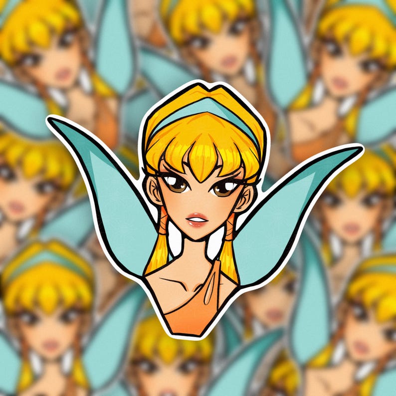May include: A sticker featuring a cartoon fairy with yellow hair, brown eyes, and light blue wings. The fairy is wearing an orange top and a blue headband. The background shows a blurred pattern of the same fairy.