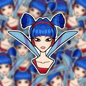 May include: A sticker featuring a cartoon illustration of a woman with blue hair styled in two buns, wearing a red top and blue wings. The woman has large eyes and is smiling. The sticker has a white border and is set against a blurred background of similar images.