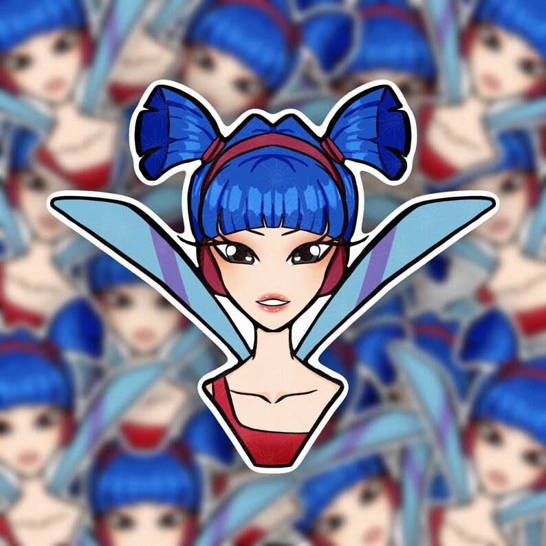May include: A sticker featuring a cartoon illustration of a woman with blue hair styled in two buns, wearing a red top and blue wings. The woman has large eyes and is smiling. The sticker has a white border and is set against a blurred background of similar images.