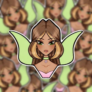 May include: A sticker featuring a cartoon fairy with brown hair, green eyes, and light green wings. The fairy is wearing a pink top and a green necklace with a flower pendant. The sticker has a white border.