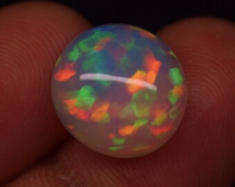 5.60 Carat Rainbow Fire Natural Ethiopian Opal Gemstone Round Shape Cabochon, Opal Gemstone Size 13.7X6.8 MM.