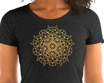Woman t-shirt with Penrose aperiodic tiling mathematical design on it. Generative art beautiful design