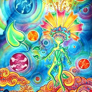 May include: A watercolor painting of a green humanoid figure with leaves growing from its body, standing on a cloud in a colorful, psychedelic landscape. The figure is surrounded by planets, stars, and swirling clouds.
