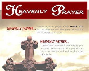 May include: A religious image with a stone cross against a cloudy sky. The image includes the text "Heavenly Prayer" and a prayer to "Heavenly Father".
