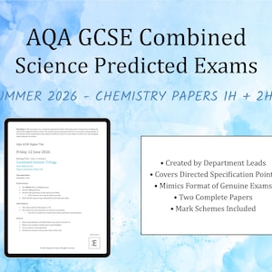 May include: An image shows a digital tablet displaying an exam paper titled "AQA GCSE Combined Science Predicted Exams" for Summer 2026. The text includes "Created by Department Leads" and "Two Complete Papers". The background is a blue watercolor effect.