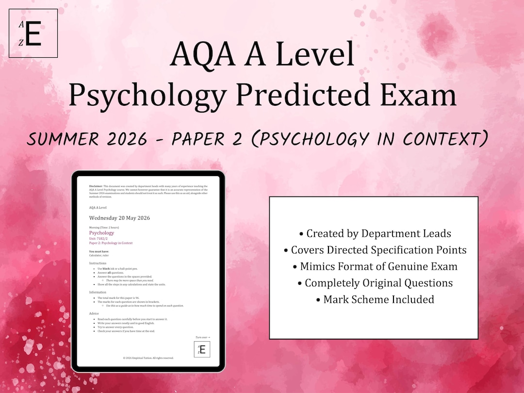 Summer 2026 AQA A Level Psychology Predicted Exam - Paper 2 (psychology ...