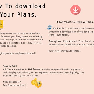 May include: A graphic with instructions on how to download digital files purchased on Etsy. The graphic includes a download icon, a notice about Etsy's mobile app, and information about accessing files via email or through the Etsy account.