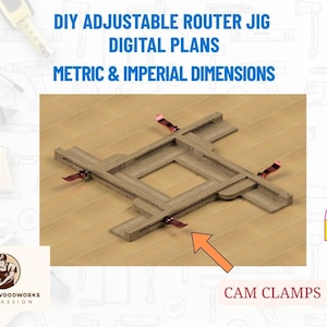 Puede incluir: Una plantilla de enrutador de madera con abrazaderas de leva, diseñada para proyectos de carpintería. La imagen incluye el texto "DIY Adjustable Router Jig Digital Plans Metric & Imperial Dimensions". También es visible un icono PDF.