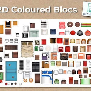 May include: A collection of 2D colored bloc illustrations of furniture and interior design elements. The image includes top-down views of beds, chairs, tables, and other furnishings, with the text "2D Coloured Blocs" at the top.