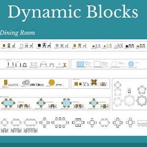 Könnte beinhalten: Ein Diagramm mit dem Titel „Dynamic Blocks“ für ein Esszimmer, das verschiedene Möbelanordnungen und Designelemente zeigt. Enthält Illustrationen von Stühlen, Tischen und anderen Einrichtungsgegenständen mit Textbeschriftungen.