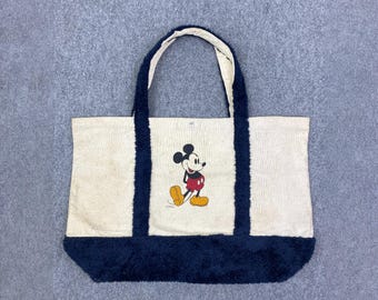 Disney Mickey Mouse Tote Bag, Canvas Bag with Navy Furry Handles, Cute and Casual Shopping Bag, Stylish Everyday Tote Official Mickey Design