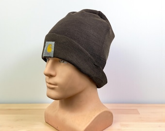 Vintage Carhartt Slouchy Beanie Hat | Dark Brown Knit Watch Cap | One Size Workwear Streetwear Winter Cap | Carhartt Workwear Fashion
