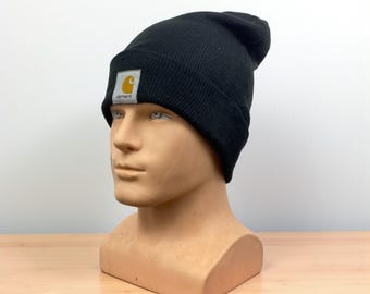 Vintage Carhartt Slouchy Beanie Hat | Navy Blue Knit Watch Cap | One Size Workwear Streetwear Winter Cap | Carhartt Workwear Fashion