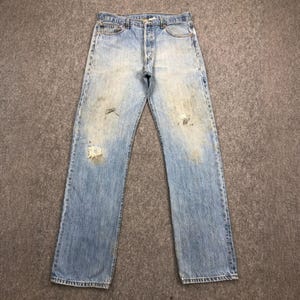 Size 36X35 Vintage 90s Levis 501 Jeans Faded Blue High Waisted 1990s Levi&#39;s Distressed Light Washed Straight Cut Jeans Levis Mom Jeans W36