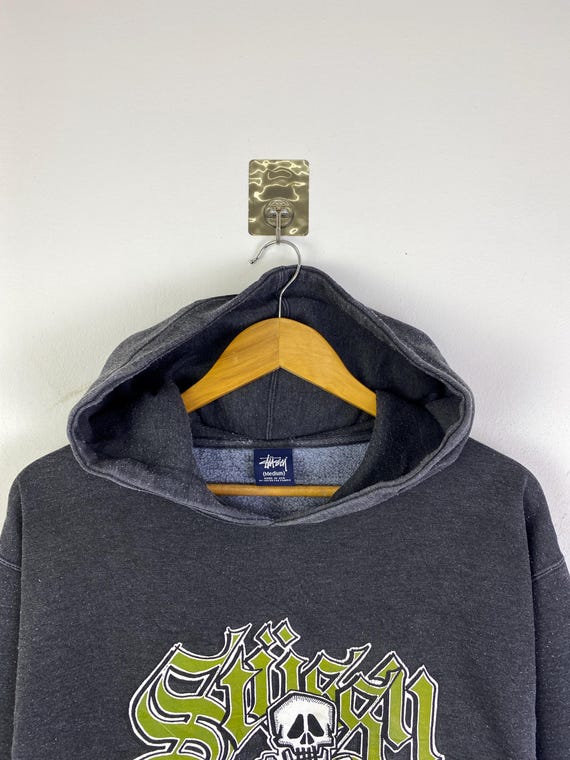Vintage 90s Stussy Skull and Bones Graffiti Logo Hoodie Charcoal