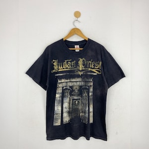 Vintage Judas Priest &quot;Sin After Sin&quot; Graphic T-Shirt Rare Black Heavy Metal Concert Tee 100% Cotton Size L Distressed Print Rock Music Merch