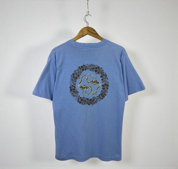 Vintage 90s Quiksilver Made in Japan Tee Light Blue Retro Surf Tee Single Stitch Style - Rare Surf Brand Collectible - Size Large Surf Tee