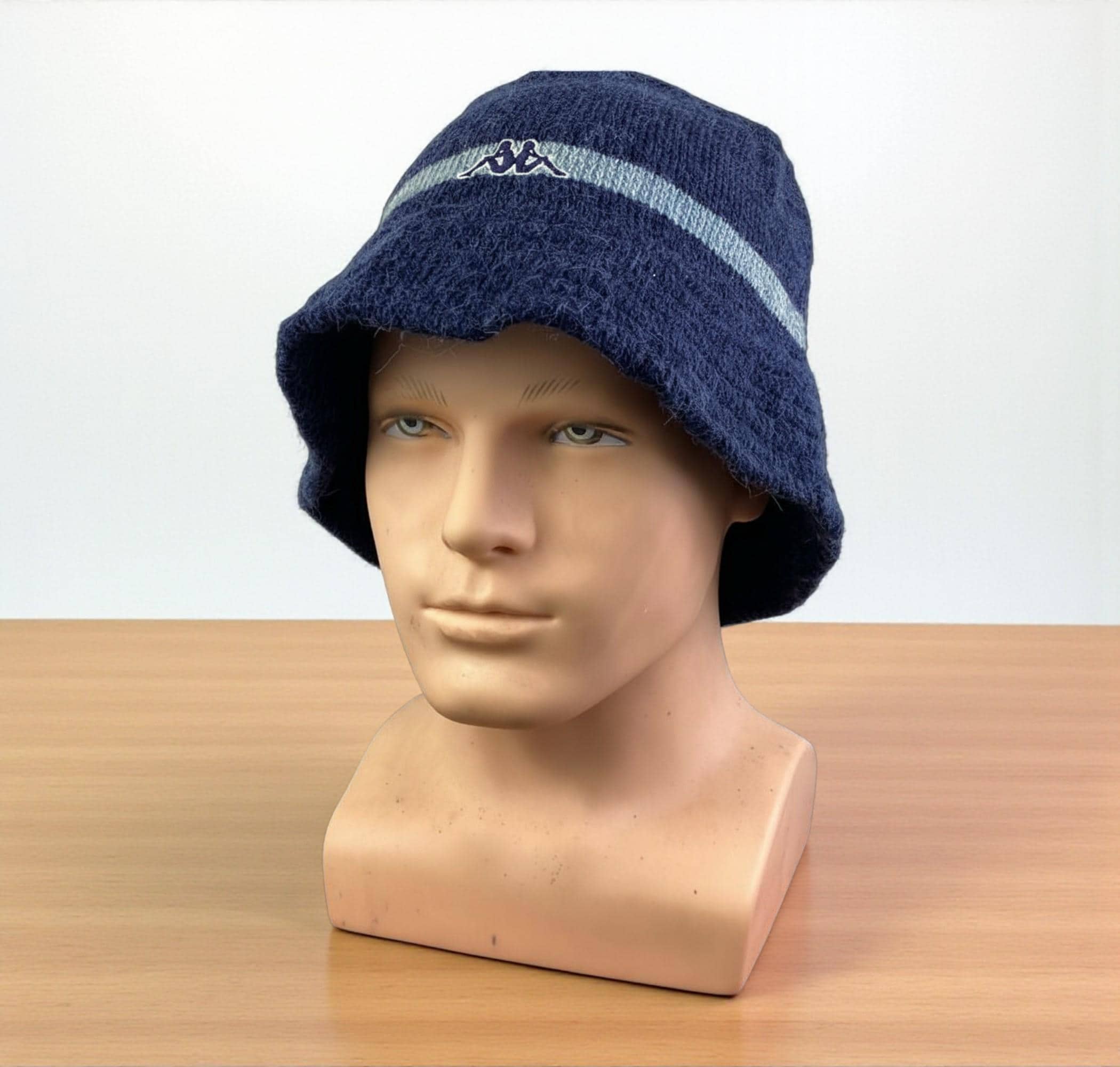 Vintage 90s/y2k Kappa Navy Blue Fuzzy Knit Bucket Hat With Logo