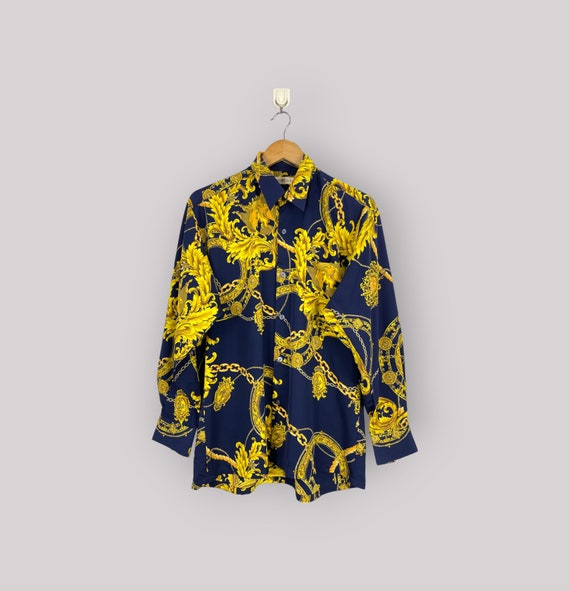 Vintage Y2K Silk Shirt Gold Chain Design Shirt Size Medium 2000s 