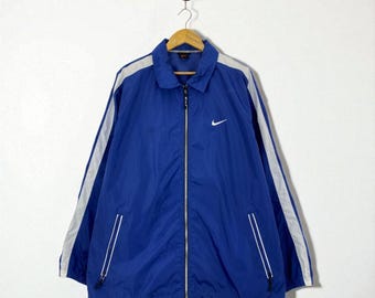 Vintage 90s Nike Blue Windbreaker Pullover Jacket with Zipper Pockets Full Zip Front, and Iconic Swoosh Size Large Retro Sportswear