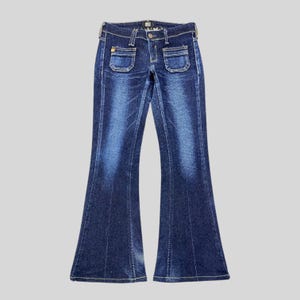 Pantalones vaqueros acampanados vintage Edwin Something NeoJean de lavado oscuro, estilo Y2K, tiro bajo, detalle de bolsillo de parche, denim, hechos en Japón, estilo retro, talla 28x28.