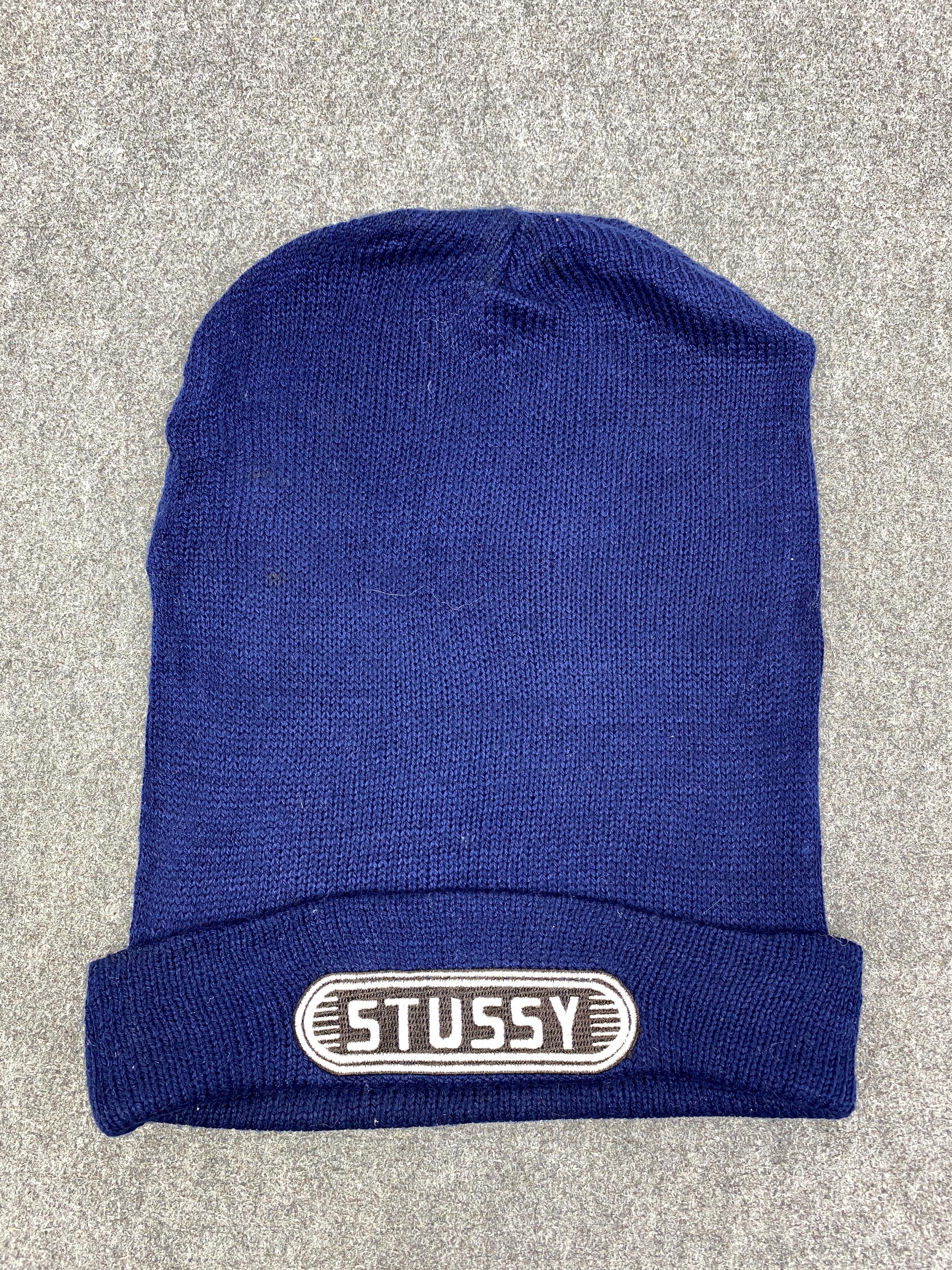 Vintage Stussy Y2K Navy Blue Knit Slouchy Beanie Acrylic Snow Hat