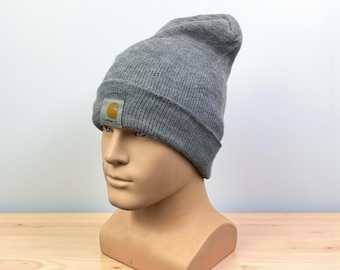 Vintage Carhartt Slouchy Beanie Hat | Light Grey Knit Watch Cap | One Size Workwear Streetwear Winter Cap | Carhartt Workwear Fashion