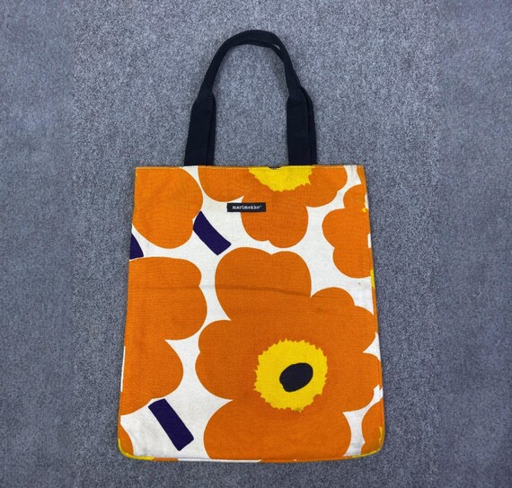 Marimekko Orange and White Floral Tote Bag With Bold Print 