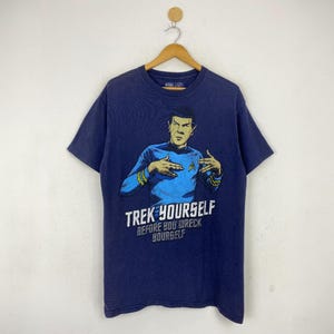 Vintage Star Trek Spock &#39;Trek Yourself Before You Wreck Yourself&#39; Graphic Tee Unisex Navy Blue Cotton Tee Funny Pop Culture Sci-Fi Size L
