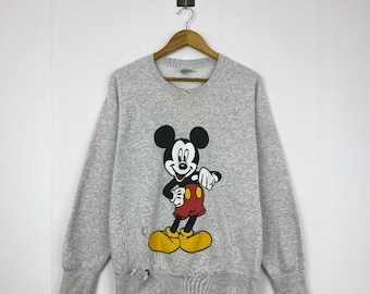 Sudadera vintage de Disney Mickey Mouse, sudadera gris de cuello redondo con estampado de Mickey Mouse, ropa informal retro de talla mediana, ropa de la tienda Disney