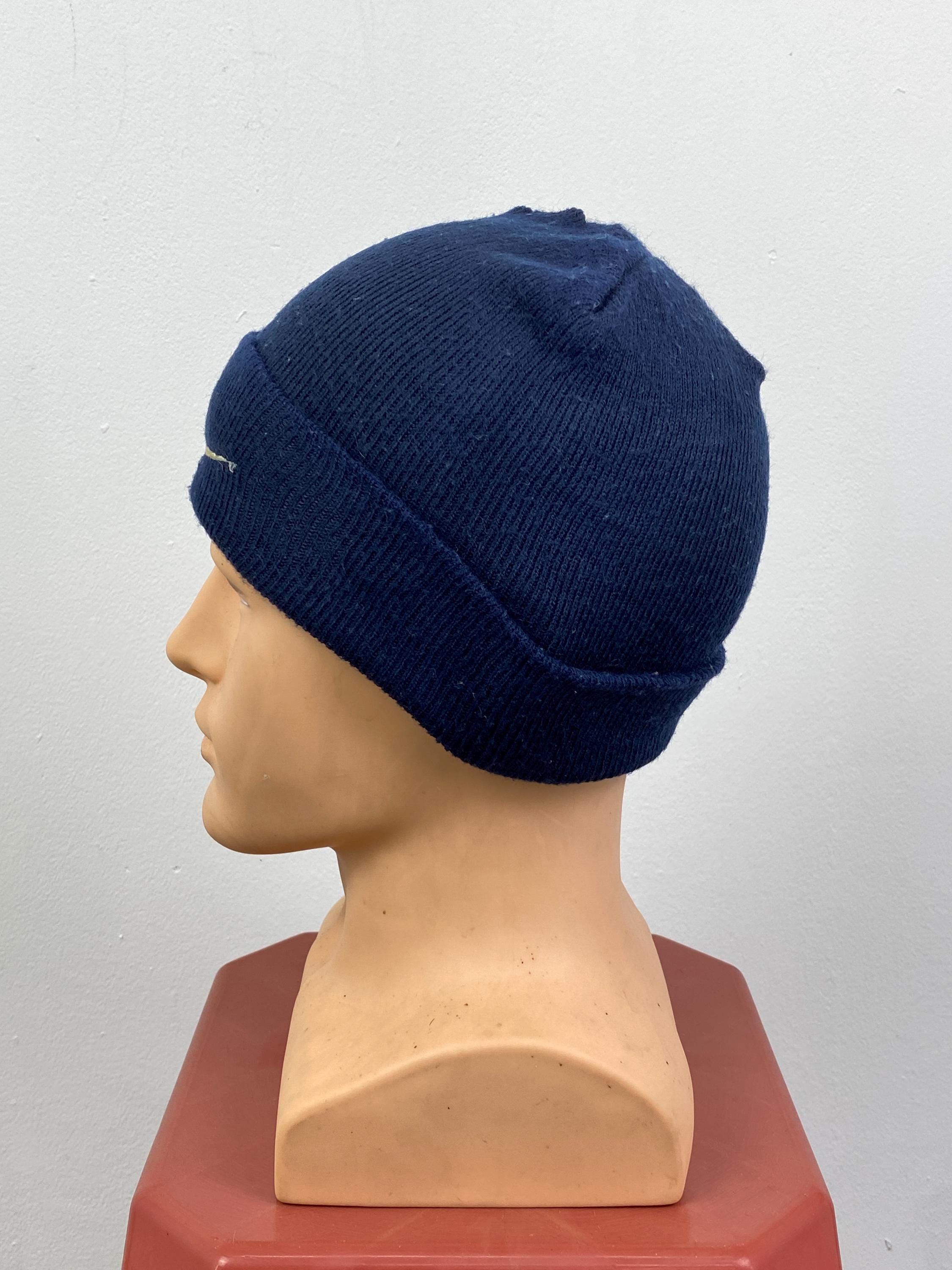 Vintage 90s Nike Beanie | Navy Blue Knit Hat Big Gold Swoosh Logo