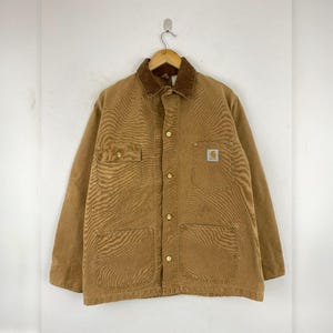 Vintage Carhartt Chore Jacket Corduroy Collar | Brown Duck Canvas Workwear Utility Coat | USA Work Jacket Size Large